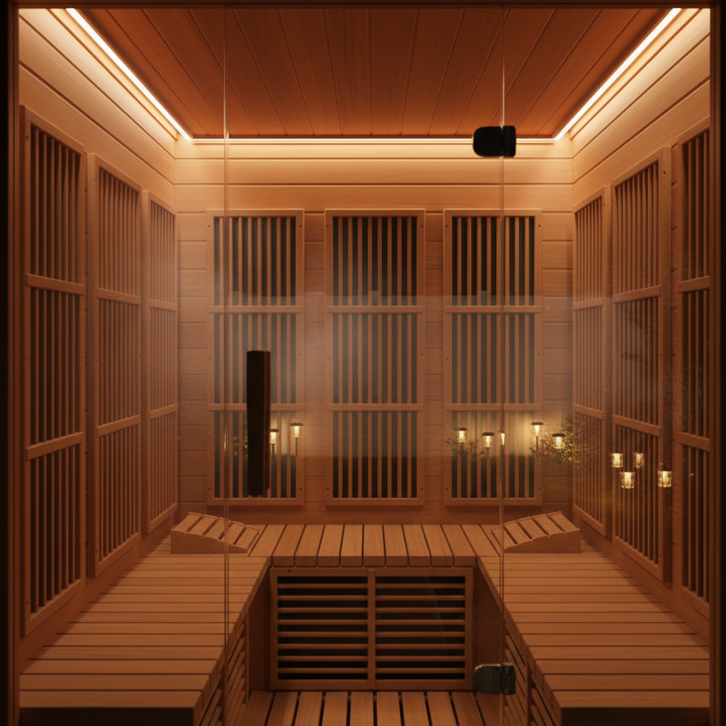 Experience Ultimate Relaxation with the Dynamic 4-Person Indoor Bluetooth Compatible FAR Infrared Sauna in Luxurious Cedar